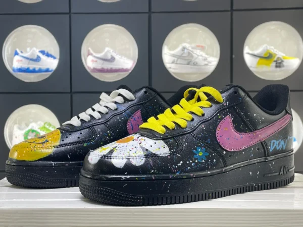 Black Graffiti Smile Flower Yellow Laces Pink Hook Custom Air Force 1 - Image 5