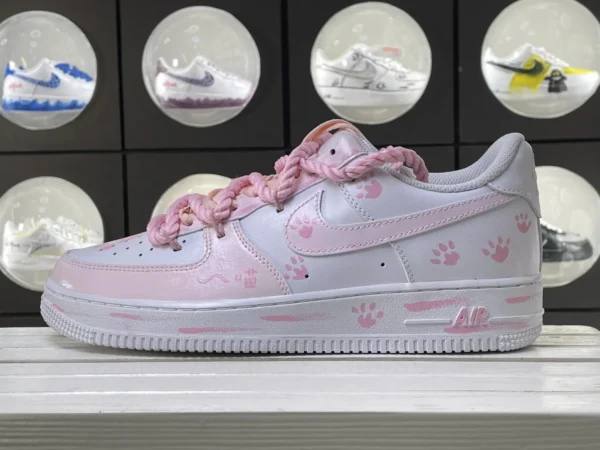 Pink White Cat Paw Meow Print Knotted Lace Custom Air Force 1