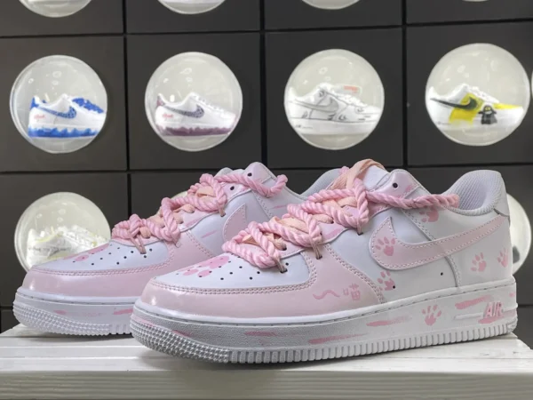 Pink White Cat Paw Meow Print Knotted Lace Custom Air Force 1 - Image 5