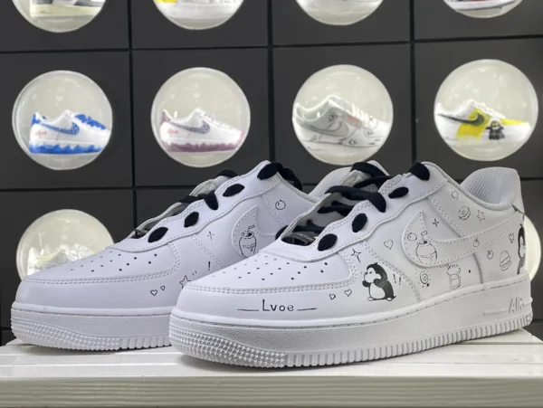 Doodle Story Penguin & Heart Hand Drawn Art Custom Air Force 1 - Image 5